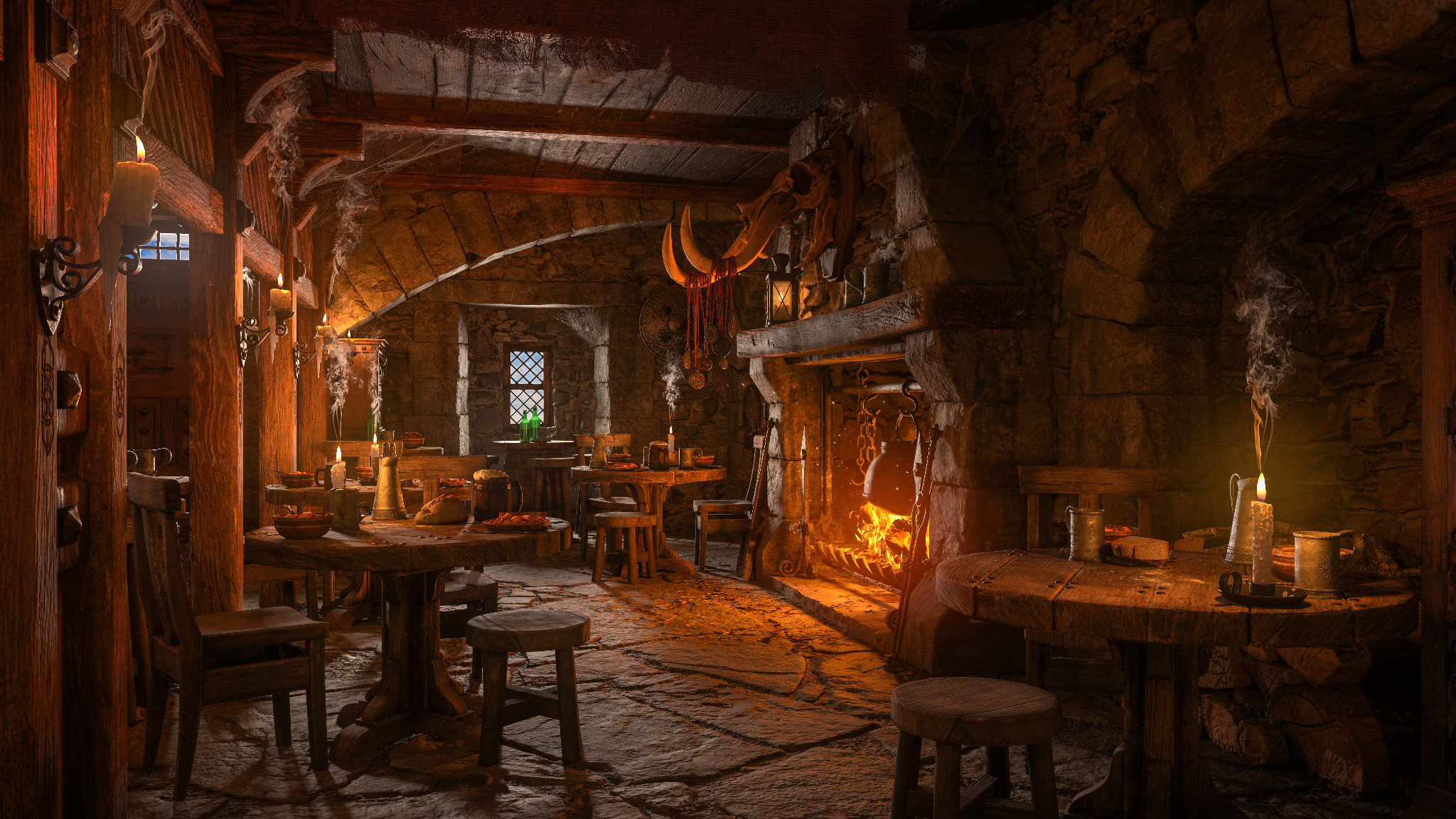 A warmly lit fantasy tavern interior